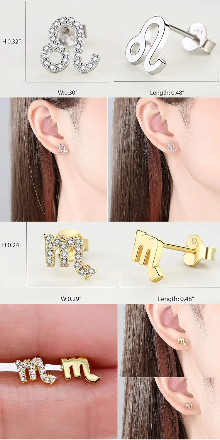 korean girl birthday gift earrings jewelry custom small 925 sterling silver cz 12 zodiac sign stud earring