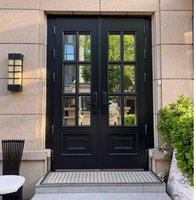Ventanas de calidad superior Marco negro de acero Puerta abatible de doble vidrio Puerta francesa de acero frontal con rejilla