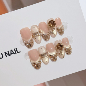 Uñas postizas de alta gama para boda, efecto ojo de gato blanco leche, oro, diamante, rosa, cuadradas medianas, con incrustaciones metálicas, para usar en las manos. - Product Image 1