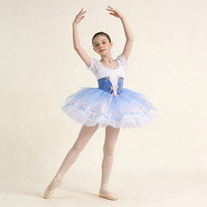 Vestido de Ballet Romántico Azul y Blanco para Niñas, Traje de <span class=keywords><strong>Bailarina</strong></span> con Encaje y Manga Corta para Recital y Actuación - Product Image 1