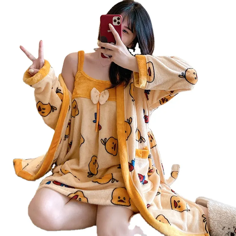 Piyama Kimono Dua Potong Flanel Musim Dingin Piyama Setelan Wanita Jubah Mandi