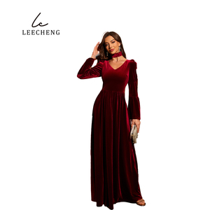 Gaun Senior elegan leher V, gaun malam ayun beludru panjang dengan lengan bengkak dan Detail Bib - Product Image 6