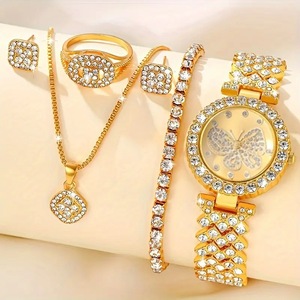 Của phụ nữ sang trọng thạch anh xem với Rhinestone đồ trang sức thiết lập biểu tượng tùy chỉnh bao gồm bông tai vòng cổ và quay số hiển thị con trỏ - Product Image 1
