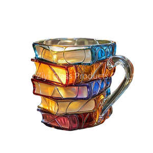 كوب زجاجي على شكل كتاب مع مقبض، كوب زجاجي أحادي الجدار مع نمط مرسوم يدويًا، كوب زجاجي ملون بتصميم جديد مخصص - Product Image 1