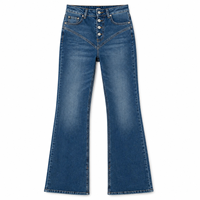 Jean en denim évasé pour femme de haute qualité, taille haute, multi-boutons, coutures en V, ourlet fendu, respirant, décontracté, bleu moyen, vintage
