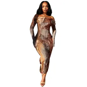 Boskims 2024 Bodycon Party Maxi Dress Print Women&#39;s Retro Fashion Natural Sexy One Shoulder Long Sleeve