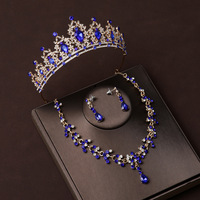 Couronne de mariée en diamant bleu, collier principal de mariage, ensemble de couronne trois pièces