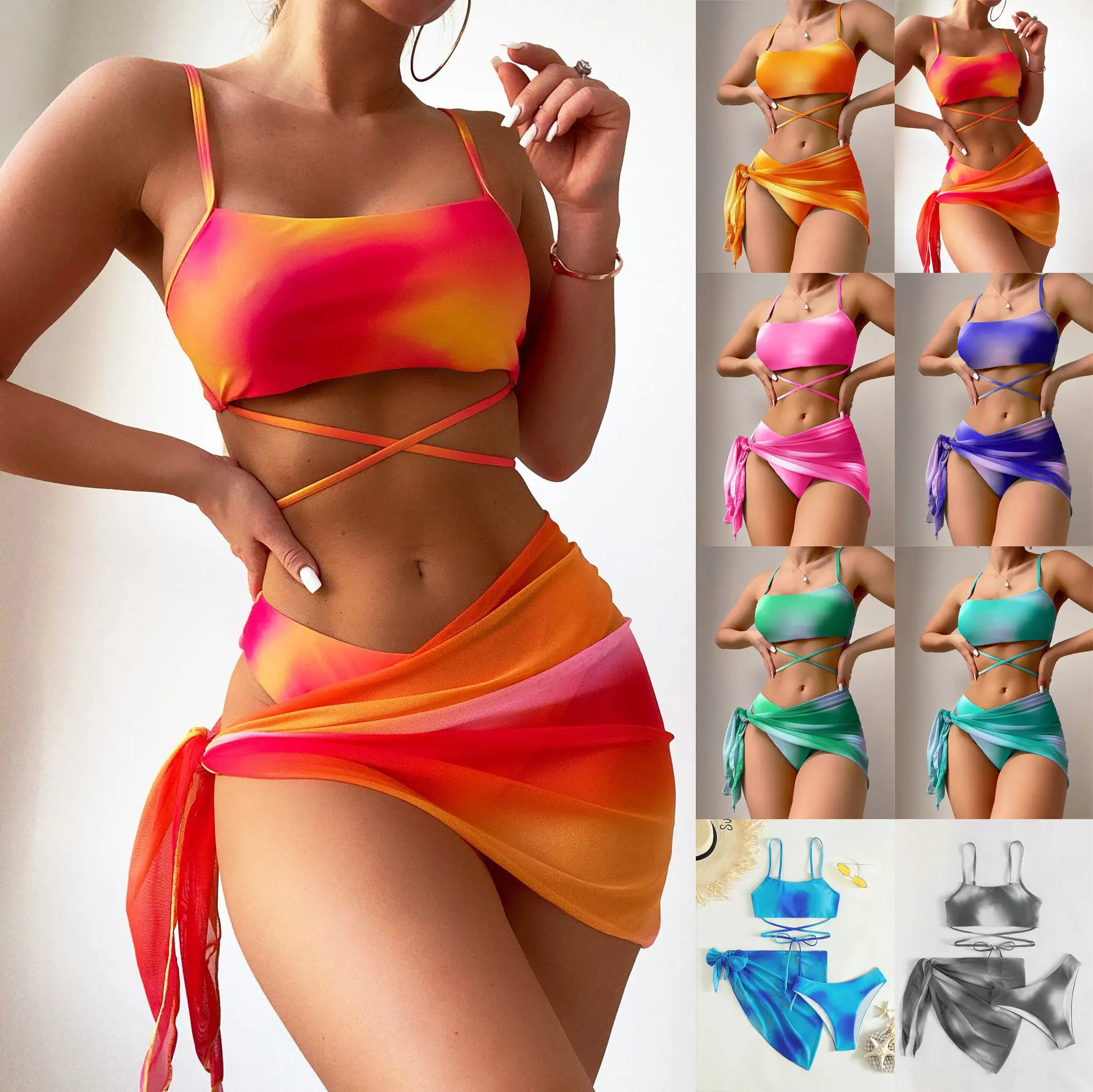 Nuevo diseño Sexy Halter Bikini ropa de playa cubrir Sarong Tie Dye Lace Up 3 piezas conjunto traje de baño mujeres traje de baño