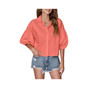 <span class=keywords><strong>Camicetta</strong></span> da donna Vintage estiva Crop Top in tessuto con colletto Button Down a maniche corte stile Casual camicia Crop - Product Image 1