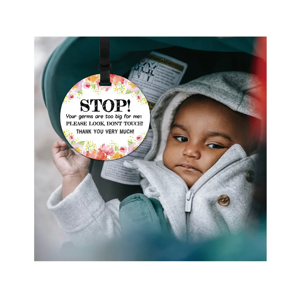 Stop No Touching Baby Car Seat Sign or Stroller Tag Flower Baby Car Safety Signs Tags for Newborn Baby Car Seat