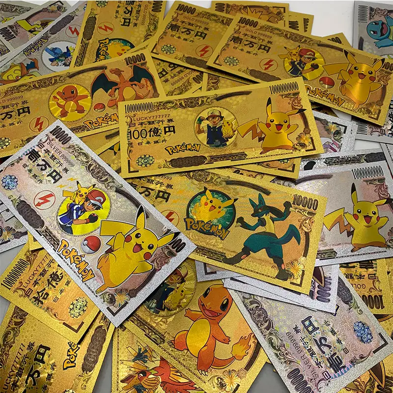 日本のマンガアニメポケモンカード10000円ゴールド紙幣ピカチュウカリザード銀箔動物チケットカード子供向けギフト