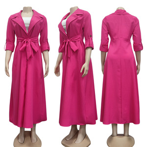 Robe chemise longue décontractée à manches mi-longues et simple boutonnage de couleur vive pour femmes et dames, robe chemise Maxi élégante, <span class=keywords><strong>2022</strong></span> - Product Image 5