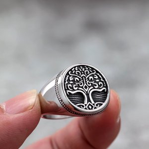Vintage Stainless Steel Unisex <b>Ring</b> Tree Of Life Design Round Hip Hop Style Jewelry Gift - Product Image 4