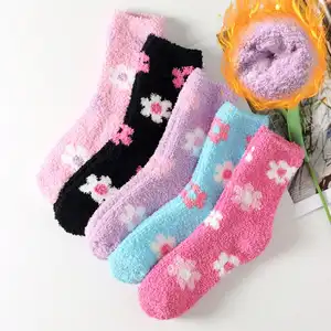 5 pairs women's cute velvet thick coral velvet flowers fashion crew fuzzy half fleece sleeping floor winter socks