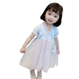 最新时尚马克西女孩表演装夏季儿童公主裙短袖汉族服装