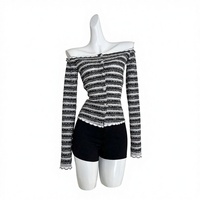 Koreanische Spitze Schwarz-Weiß Gestreifter Off-Shoulder Tweed Strickjacke Damen Herbst Slim-Fit
