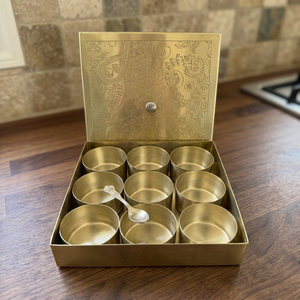 Premium Square Brass Spice Box with 9 Round Containers Etched Mandala Art Lid Luxury Indian Masala Dani Kitchen Organizer Set - Product Image 2