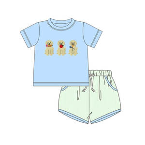 Conjuntos de ropa para niños pequeños BSSO1971, diseño personalizado, con estampado de cachorro y rayas azules, venta al por mayor, conjunto de manga corta para niños pequeños - Product Image 2