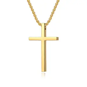Kalung salib emas PVD 18k, Kalung liontin salib sederhana lapisan PVD untuk pria dan wanita