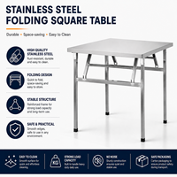 Table pliante carrée en acier inoxydable de qualité commerciale, gain de place, pieds antidérapants, facile à nettoyer, utilisation intérieure et extérieure