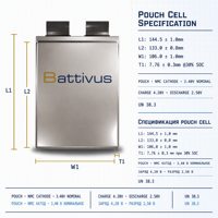 Batterie lithium-ion NMC en pochette Battivus haute densité énergétique 340Wh/kg 26Ah 3.4V pour drone et véhicule électrique, décharge continue 4C, décharge pulsée 8C