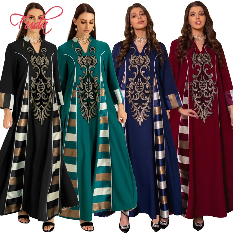 FUDA AB70 Middle East Abaya Women Muslim Dress Elegant Floral Printing Evening Dresses Long Sleeves Maxi Dress Ladies Abaya Duba