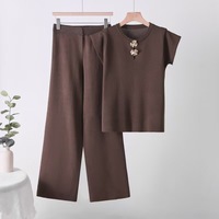 Ensemble deux pièces tricoté haut de gamme pour femme, été 2026, transfrontalier, polyvalent, ample, uni, avec pantalon large à manches courtes