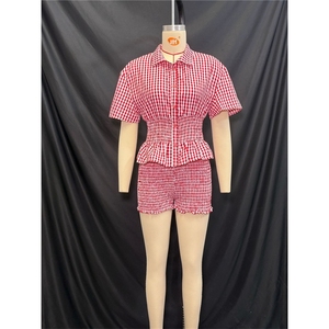 ZHEZHE completo da donna top a maniche corte con scollo rosso scozzese a maniche corte con Shorts a vita alta 2 pezzi - Product Image 5