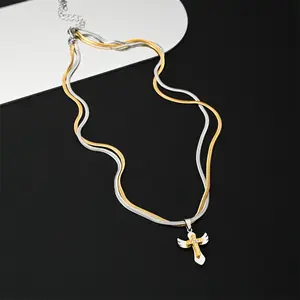 双蛇骨链覆盖穿金银十字项链欧美时尚高级锁骨链