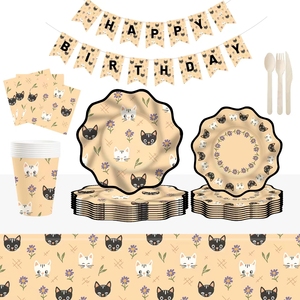 DAMAI Juegos de decoraciones <span class=keywords><strong>para</strong></span> fiesta de feliz <span class=keywords><strong>cumpleaños</strong></span> Platos de papel desechables Hermosos platos de flores de gato tazas - Product Image 2