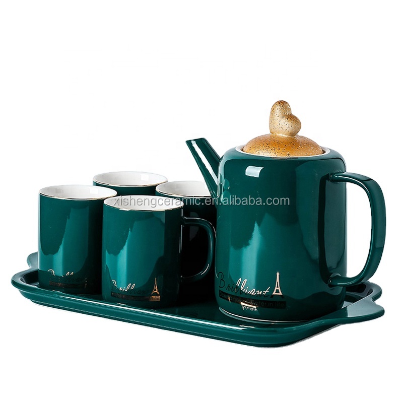 Service à théière en céramique, service de thé de l'après-midi, de haute qualité, couleur verte, avec plateau, tasses de café en céramique turque