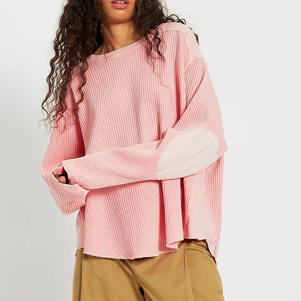Custom Women's Waffle Knit Crew Neck Long Sleeve Top Loose Fit Casual Base Layer Loungewear Shirt Manufacturer