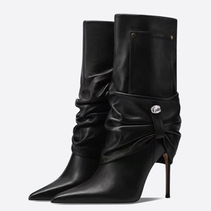 Bottes mi-mollet à bout pointu pour femme, grande taille 47, avec boucle, mi-hautes, coupe large, talons hauts, plissées - Product Image 2