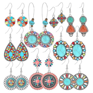 Juego de pendientes colgantes de moda, pendientes de aleación turquesa para mujer, joyería bohemia para fiesta, diseño de flor con engaste de bisel - Product Image 1