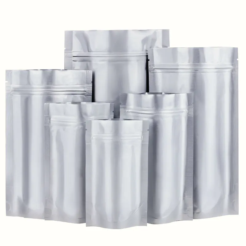 Logo personalizzato di fabbrica in argento Stand up custodia termosaldato in alluminio con cerniera in alluminio Mylar borsa da imballaggio in alluminio con cerniera