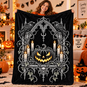 Plaid rectangulaire en flanelle anti-boulochage, motif citrouille gothique d'Halloween, style classique saisonnier d'automne, pour la décoration intérieure - Product Image 1