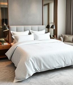 Venta al por mayor colección de hoteles ropa de cama blanca 400TC sábanas de rayas de algodón con funda nórdica y fundas de almohada para Resorts - Product Image 2