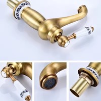 Robinet de lavabo rétro européen doré avec décorations en céramique, finition chromée, monocommande chaud/froid, à poser sur le comptoir