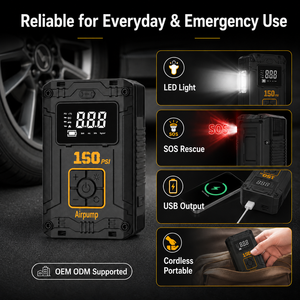 OEM ODM 150PSI Cordless Tire Inflator Portable Air Compressor <b>Pump</b> with Digital Gauge LED Light Power Bank SOS for Car Wholesale - Product Image 5