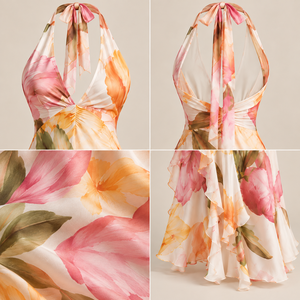 Vestido Largo Halter con Estampado Floral, Espalda Descubierta, Dobladillo con Volantes, Corte en A, Sin Mangas, Elegante, para Vacaciones o Eventos Formales - Product Image 3