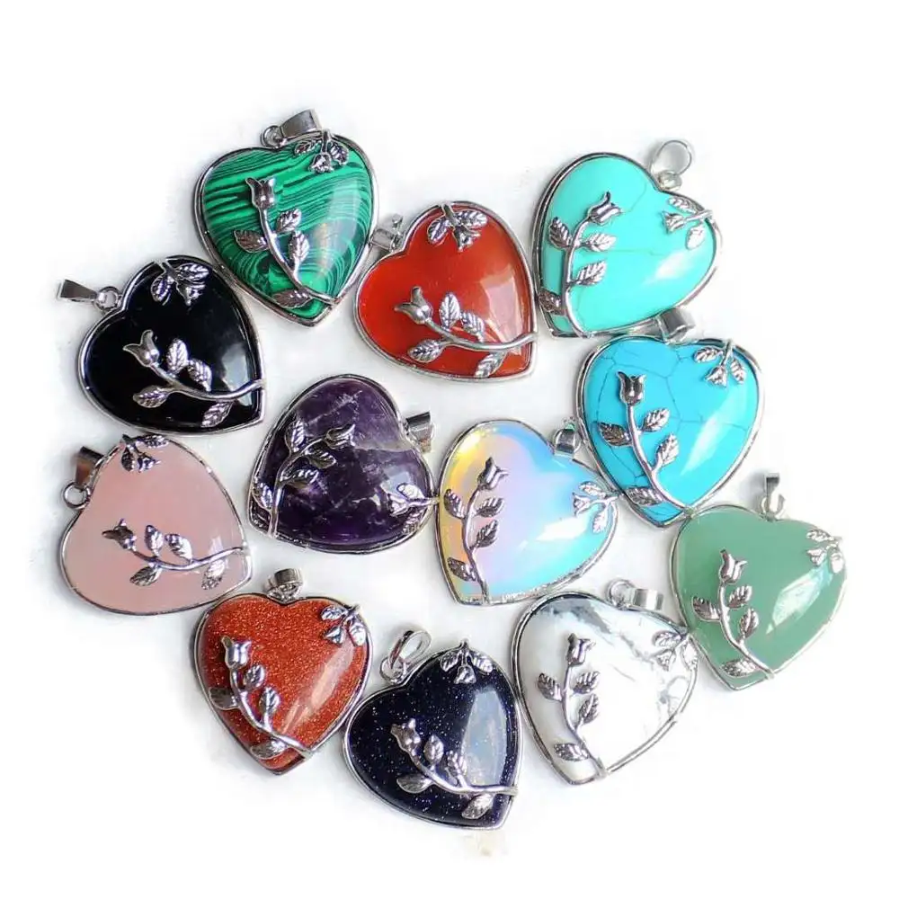 China factory fashion jewelry silver plated rose flower heart shaped natural stone pendants wholesale