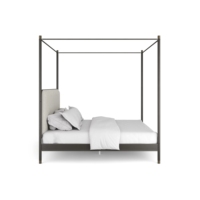 Lit plateforme minimaliste en fer forgé noir, style luxe discret et moderne, avec tête de lit à tiges, pour chambre principale