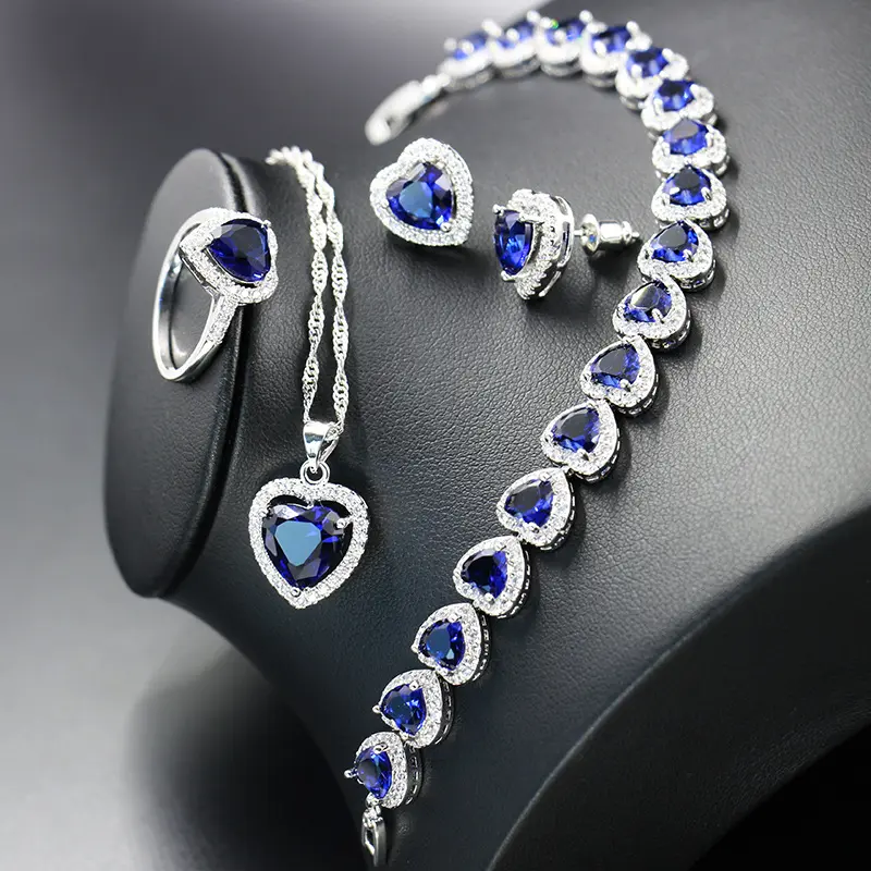 Elegante Azul Zircão Colar Brincos Conjuntos De Jóias De Casamento Birthstone Bangle Conjuntos De Jóias De Noiva Para As Mulheres