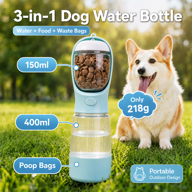 2026 Leak-proof BPA Free Plastic Portable Lightweight Eco-Friendly Transparent Dog Water Bottle 3-in-1 Pet Travel Feeder Food