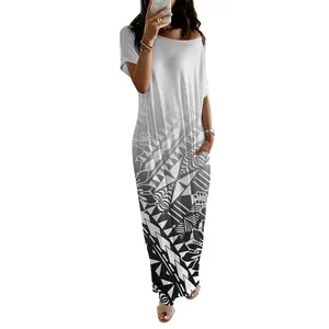 디자이너 사용자 정의 크루 넥 사모아 Puletasi Tatau 패턴 맥시 원피스 폴리네시아 여성 의류 드레스 플러스 사이즈