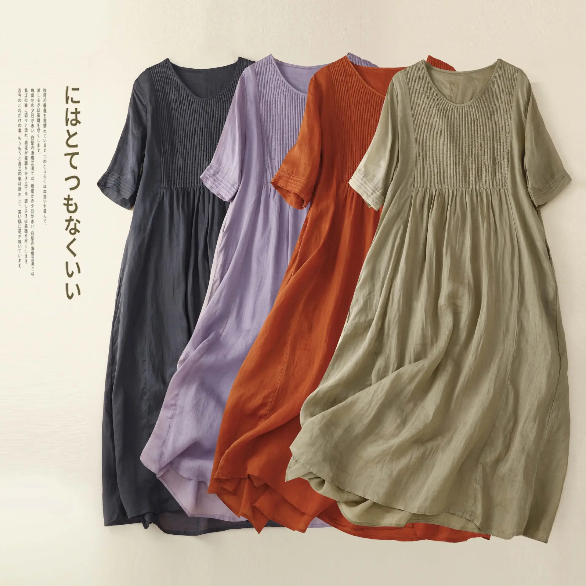 2023 summer new retro cotton linen dress women loose literary organ pleats round neck short-sleeved solid color long dresses