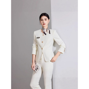 Women's Off-White <b>Blazer</b> And Trousers <b>Set</b> Long Sleeve Formal Workwear For Commute Anti-Wrinkle Worsted Fabric - Product Image 4