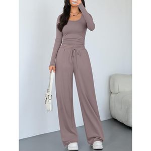 Women 2 Piece Matching Lounge Set Wide Leg Pants Full Sleeve Crop <b>Top</b> Breathable Knitted Cotton Spandex Daily Wear Outfit - Product Image 6