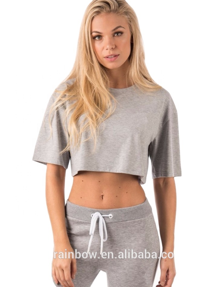 Grey Marl 70% Polyester 25% Cotton 5% Elastane Crop Top Fashion Hot Sale Women's Cropped Short Sleeve T Shirt