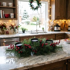 Hot Sale Artificial Pine <b>Table</b> <b>Centerpiece</b> Lush Green Pine Branches Bright Red Berries Three Candle <b>Christmas</b> Tabletop Decor - Product Image 3